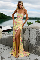 Load image into Gallery viewer, Strapless Corset Yellow Floral Long Prom Dress with Slit
