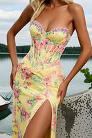 Load image into Gallery viewer, Strapless Corset Yellow Floral Long Prom Dress with Slit
