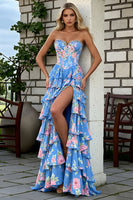 Load image into Gallery viewer, Strapless Blue Pink Floral Corset Tiered Prom Dress