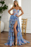Load image into Gallery viewer, Blue Pink Floral Tiered Strapless Corset Long Prom Dress