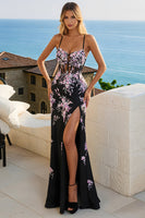 Load image into Gallery viewer, Black Pink Floral Corset Spaghetti Straps Prom Dress