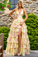 Load image into Gallery viewer, Yellow Floral Halter Corset Tiered Prom Dress with Slit