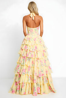 Yellow Floral Halter Corset Tiered Prom Dress with Slit