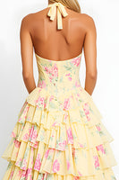 Load image into Gallery viewer, Yellow Floral Halter Corset Tiered Prom Dress with Slit