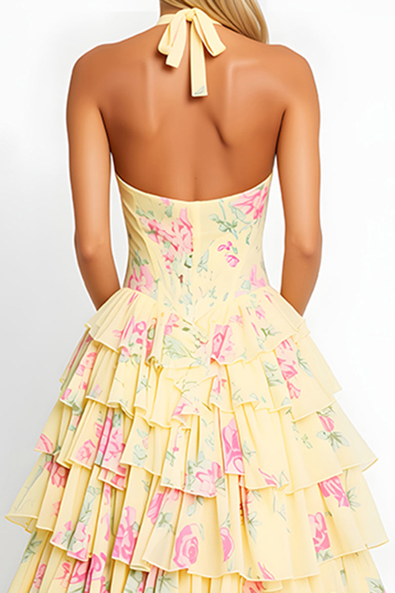 Load image into Gallery viewer, Yellow Floral Halter Corset Tiered Prom Dress with Slit