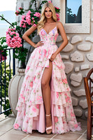 Load image into Gallery viewer, Pink Floral Corset Tiered Long Prom Dress with Slit
