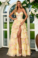Load image into Gallery viewer, Strapless Yellow Floral Corset Tiered Ruffled Prom Dress