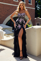 Load image into Gallery viewer, Spaghetti Straps Black Pink Floral Corset Ruffled Prom Dress