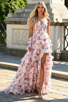 Load image into Gallery viewer, Pink Floral Tiered Ruffled Strapless Prom Dress