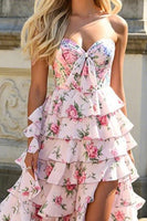 Load image into Gallery viewer, Pink Floral Tiered Ruffled Strapless Prom Dress