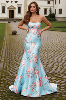 Load image into Gallery viewer, Blue Pink Floral Strapless Mermaid Prom Dress