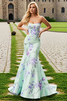 Load image into Gallery viewer, Blue Pink Floral Strapless Mermaid Prom Dress