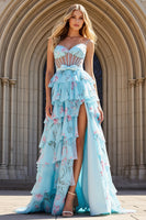 Load image into Gallery viewer, Tiered Corset Blue Pink Floral Bowed Prom Dress