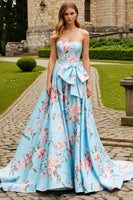 Load image into Gallery viewer, Strapless Blue Pink Floral Bowed A Line Prom Dress