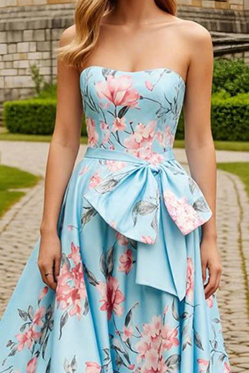 Load image into Gallery viewer, Strapless Blue Pink Floral Bowed A Line Prom Dress
