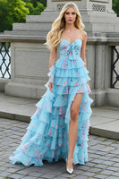 Load image into Gallery viewer, Tiered Strapless Blue Pink Floral Ruffled Prom Dress