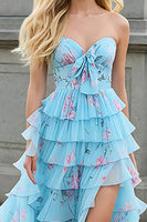 Load image into Gallery viewer, Tiered Strapless Blue Pink Floral Ruffled Prom Dress