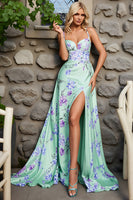 Load image into Gallery viewer, Green Purple Floral Spaghetti Straps Long Prom Dress