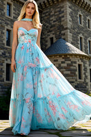 Load image into Gallery viewer, Strapless Blue Pink Floral A Line Prom Dress with Neck Scarf