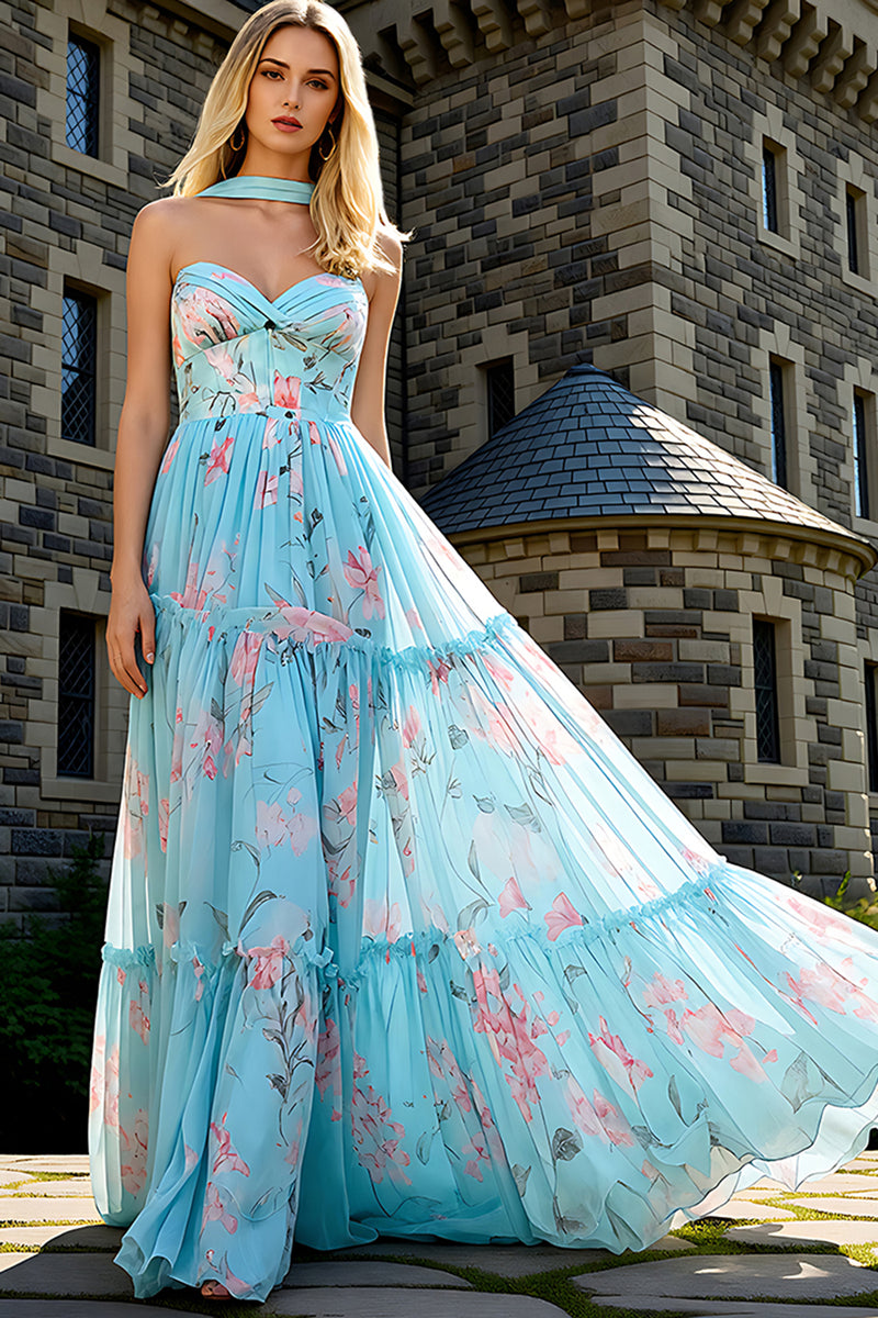Load image into Gallery viewer, Strapless Blue Pink Floral A Line Prom Dress with Neck Scarf