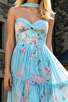 Load image into Gallery viewer, Strapless Blue Pink Floral A Line Prom Dress with Neck Scarf