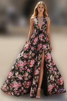 Load image into Gallery viewer, Black Pink Floral Halter A Line Prom Dress