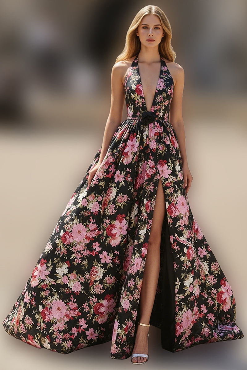 Load image into Gallery viewer, Black Pink Floral Halter A Line Prom Dress