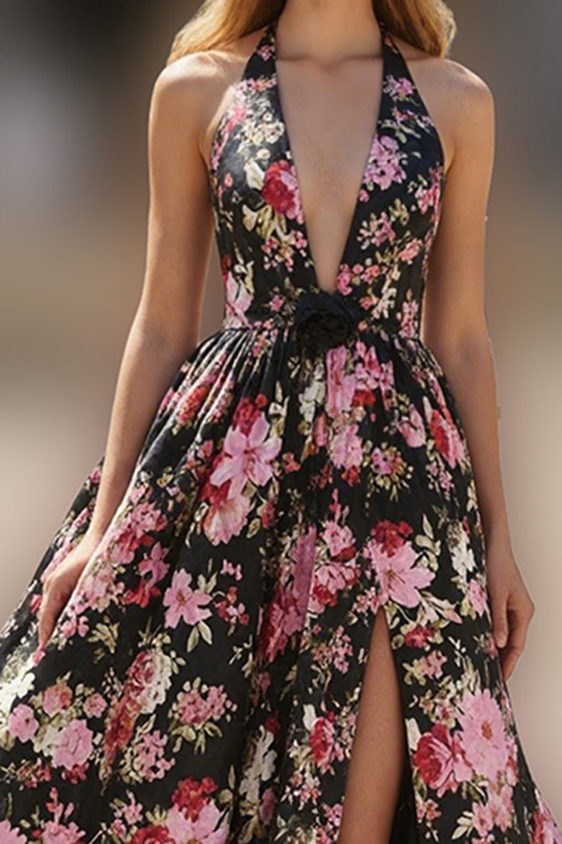 Load image into Gallery viewer, Black Pink Floral Halter A Line Prom Dress