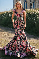 Load image into Gallery viewer, Mermaid Bowed V Neck Black Pink Floral Prom Dress