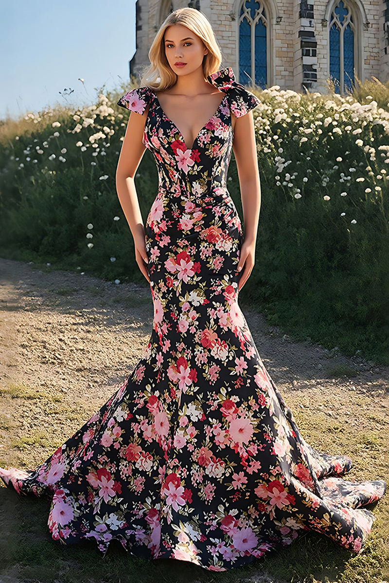 Load image into Gallery viewer, Mermaid Bowed V Neck Black Pink Floral Prom Dress