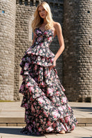 Load image into Gallery viewer, Tiered Strapless Cut Out Black Pink Floral Prom Dress