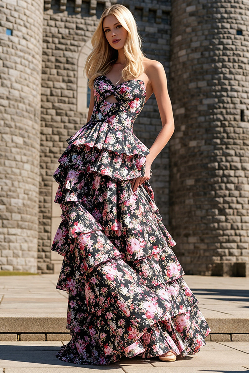 Load image into Gallery viewer, Tiered Strapless Cut Out Black Pink Floral Prom Dress