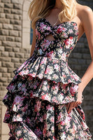 Load image into Gallery viewer, Tiered Strapless Cut Out Black Pink Floral Prom Dress