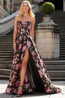 Load image into Gallery viewer, Strapless A Line Black Pink Floral Long Prom Dress