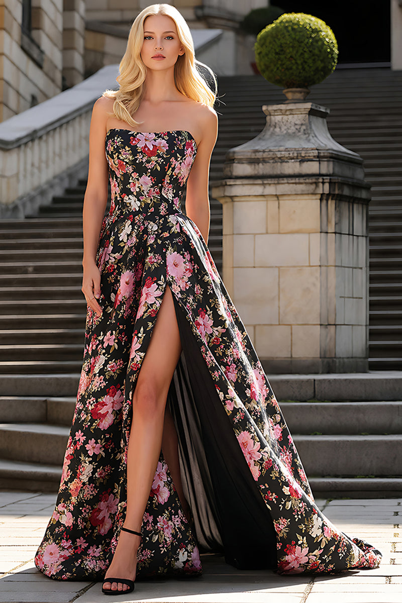 Load image into Gallery viewer, Strapless A Line Black Pink Floral Long Prom Dress