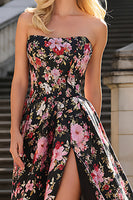 Load image into Gallery viewer, Strapless A Line Black Pink Floral Long Prom Dress
