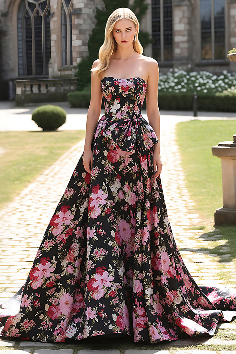 Load image into Gallery viewer, Strapless Princess Black Pink Floral Prom Dress
