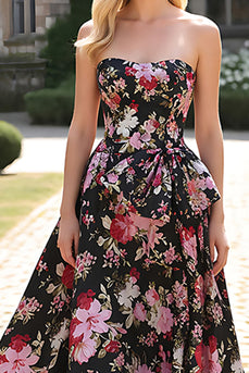 Strapless Princess Black Pink Floral Prom Dress