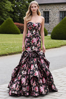 Load image into Gallery viewer, Strapless Mermaid Ruffled Black Pink Floral Prom Dress