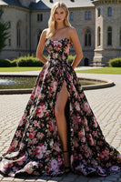 Load image into Gallery viewer, Black Pink Floral Strapless A Line Long Prom Dress