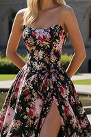 Load image into Gallery viewer, Black Pink Floral Strapless A Line Long Prom Dress