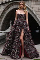 Load image into Gallery viewer, Brown Leopard Tiered Strapless Long Prom Dress