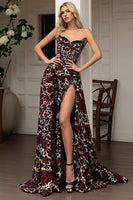 Load image into Gallery viewer, Strapless Brown Leopard Prom Dress with Slit