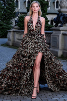 Load image into Gallery viewer, Halter Tiered Ruffled Brown Leopard Prom Dress with Slit