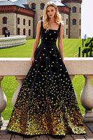 Load image into Gallery viewer, Sparkly Black Golden Square Neck A Line Prom Dress