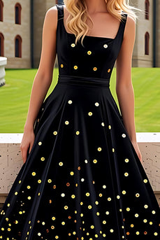 Sparkly Black Golden Square Neck A Line Prom Dress