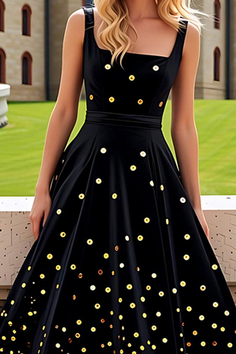Load image into Gallery viewer, Sparkly Black Golden Square Neck A Line Prom Dress
