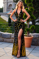 Load image into Gallery viewer, Halter Black Golden Sequin Prom Dress with Slit
