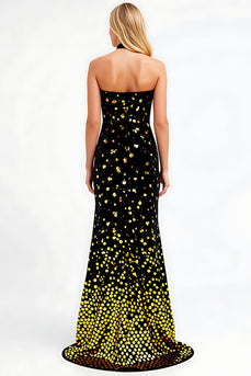 Halter Black Golden Sequin Prom Dress with Slit