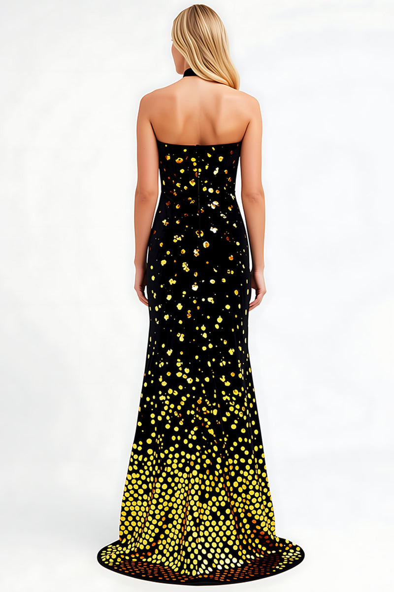 Load image into Gallery viewer, Halter Black Golden Sequin Prom Dress with Slit